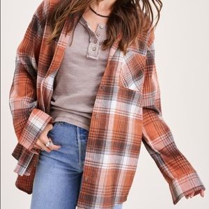 La Miel Ginger Plaid Flannel Oversized Button-down Top Shirt